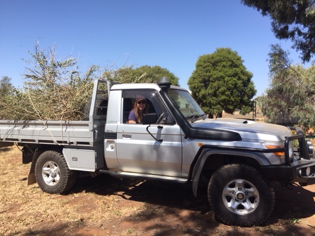 Monique Hohnberg in the Landcruiser going looking for Bessie the dog in Forbes, NSW, Australia